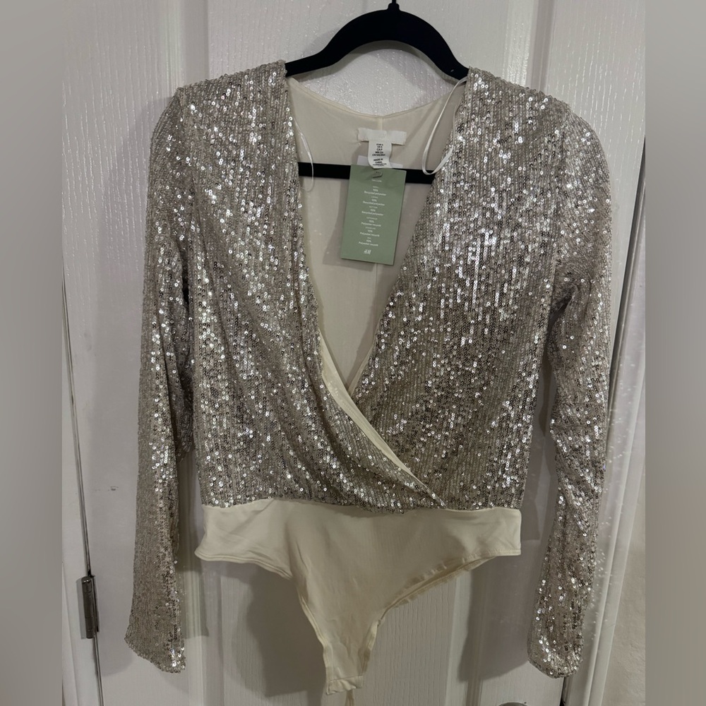H&M Glittering Silver Sequin Blouse bodysuit size S